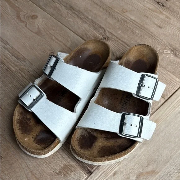 Birkenstock White Double Strap Sandals with Silver Buckles - Picture 1 of 6